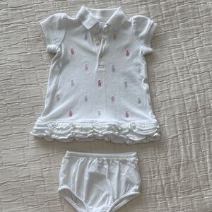 Ralph Lauren Girls White Polo Dress & Bloomers w Pink & Blue Pony Embroidery 6M